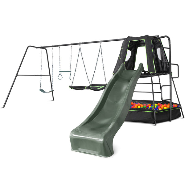 Kids Play Tower with Metal Swing Set + Green Slide