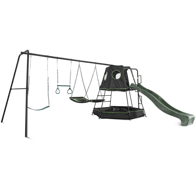Kids Play Tower with Metal Swing Set + Green Slide