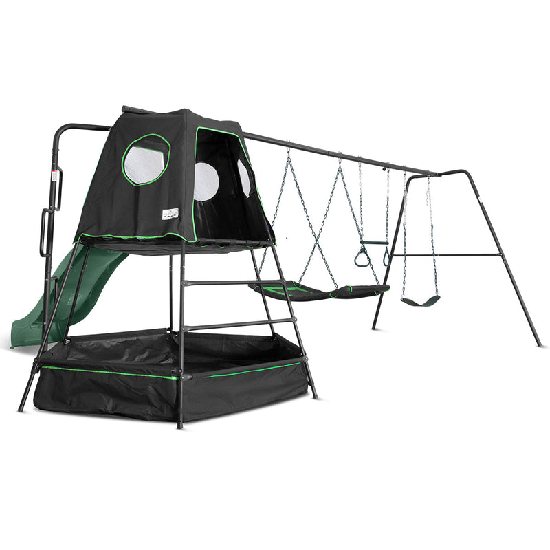 Kids Play Tower with Metal Swing Set + Green Slide