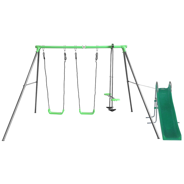 Kids 3 Station Metal Swing Set + Wavy Slide