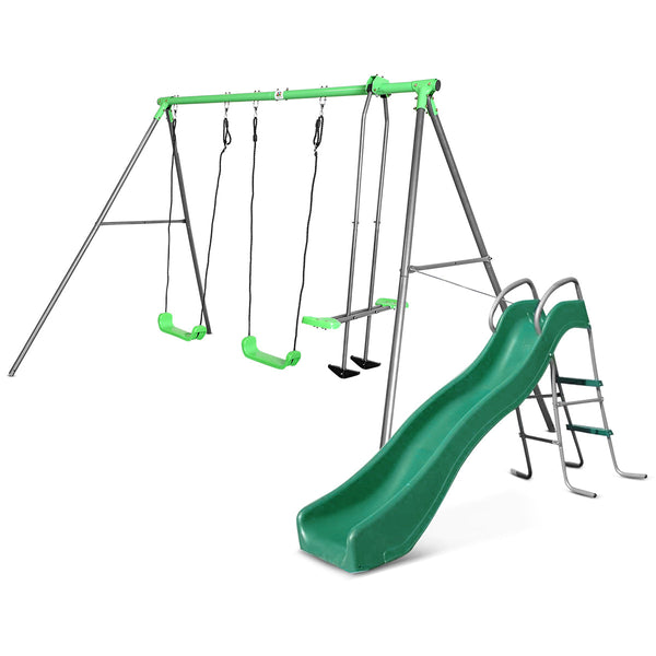 Kids 3 Station Metal Swing Set + Wavy Slide