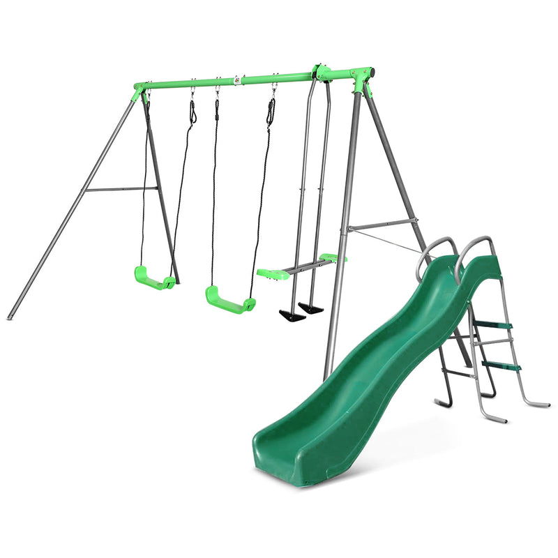 Kids 3 Station Metal Swing Set + Wavy Slide
