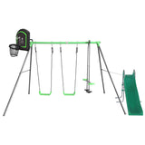 Kids 3 Station Metal Swing Set + Wavy Slide and Basketball Hoop & Backboard