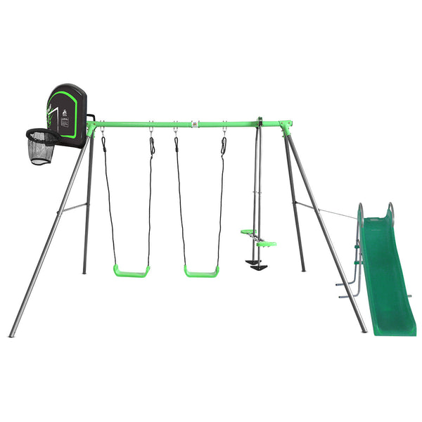Kids 3 Station Metal Swing Set + Wavy Slide and Basketball Hoop & Backboard