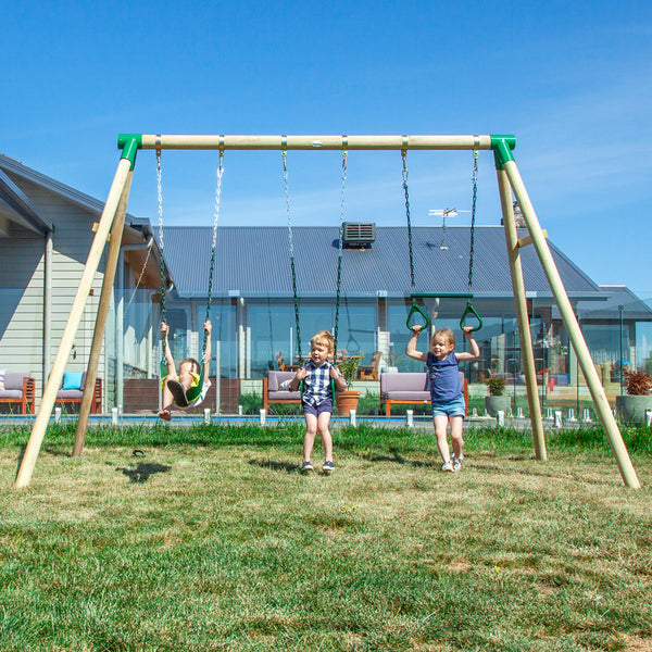Kids 3 Station Timber Swing Set with Trapeze Swing