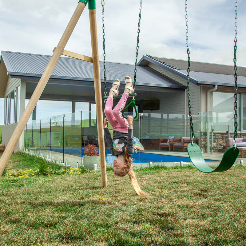 Kids 3 Station Timber Swing Set with Trapeze Swing