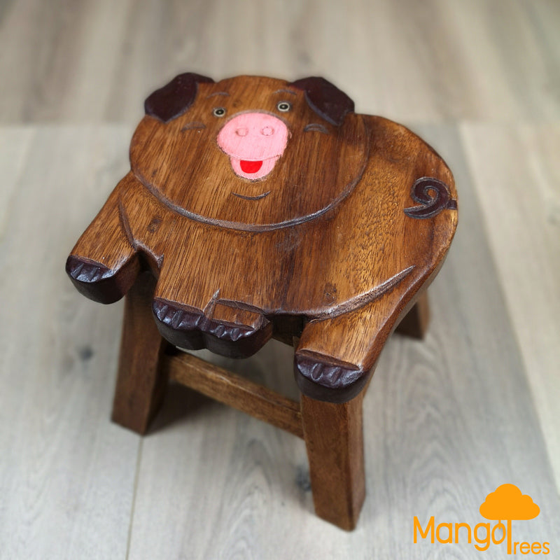 Kids Handcrafted Wooden Animal Stool - Piggy