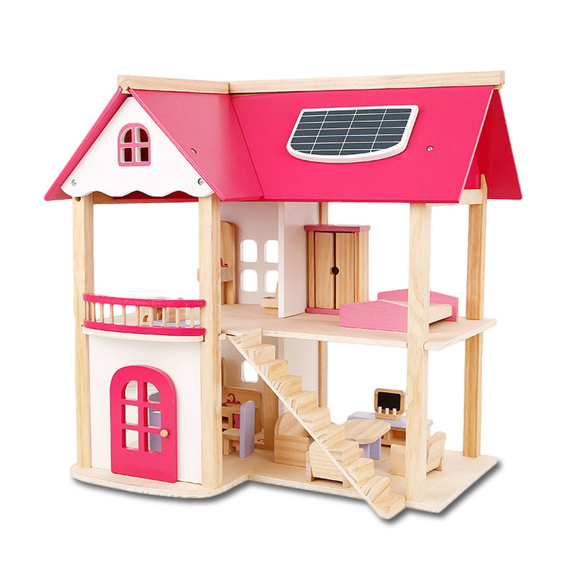 Kids Wooden DIY 3-Level Dolls House with Full Furniture Set