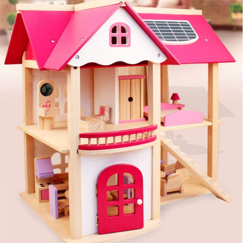 Kids Wooden DIY 3-Level Dolls House with Full Furniture Set
