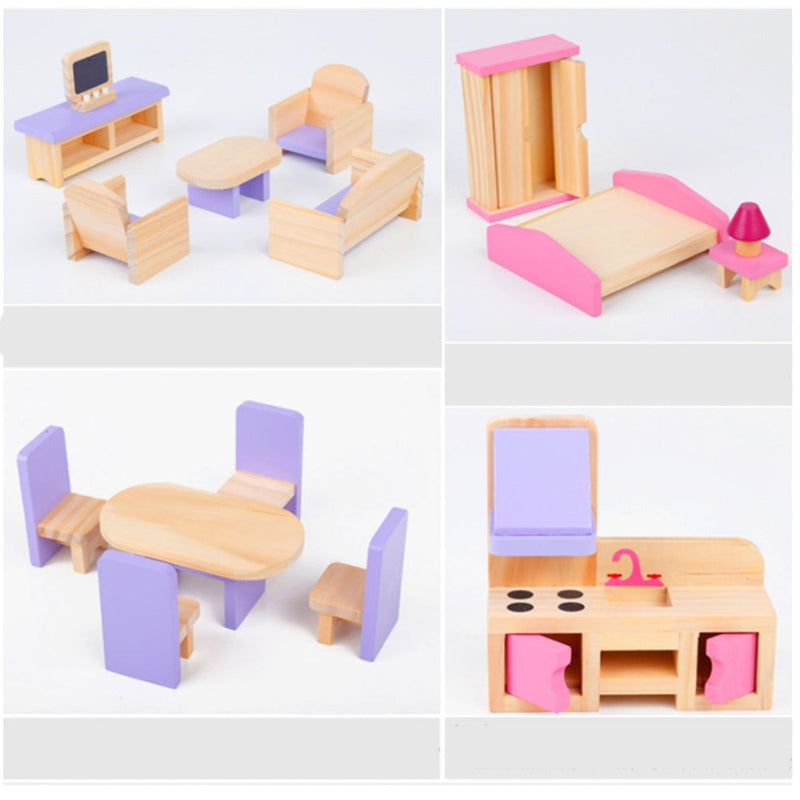 Kids Wooden DIY 3-Level Dolls House with Full Furniture Set