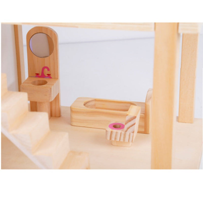 Kids Wooden DIY 3-Level Dolls House with Full Furniture Set