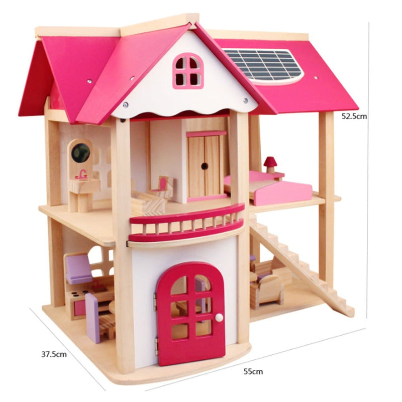 Kids Wooden DIY 3-Level Dolls House with Full Furniture Set