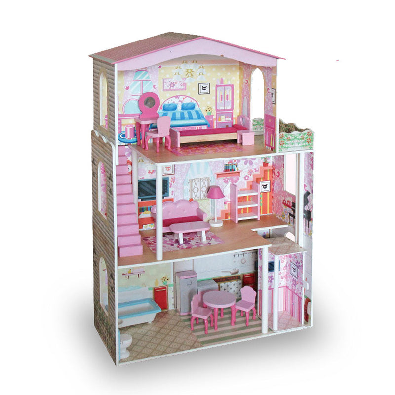 Kids Large Wooden 3-Level Dolls House with Full Furniture Set