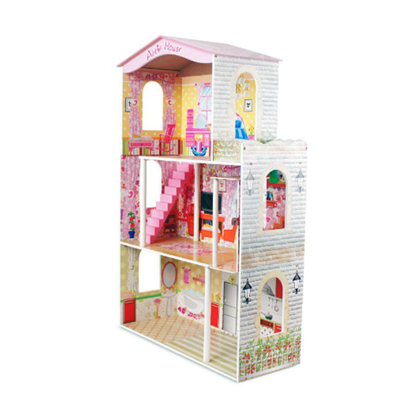 Kids Large Wooden 3-Level Dolls House with Full Furniture Set