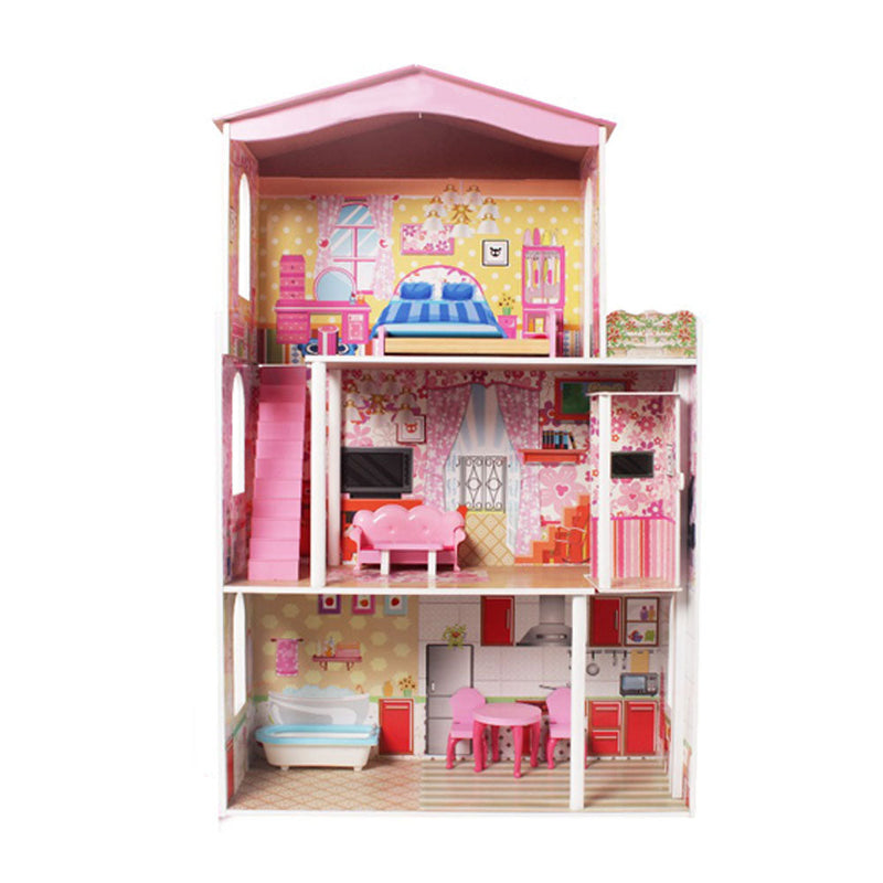 Kids Large Wooden 3-Level Dolls House with Full Furniture Set