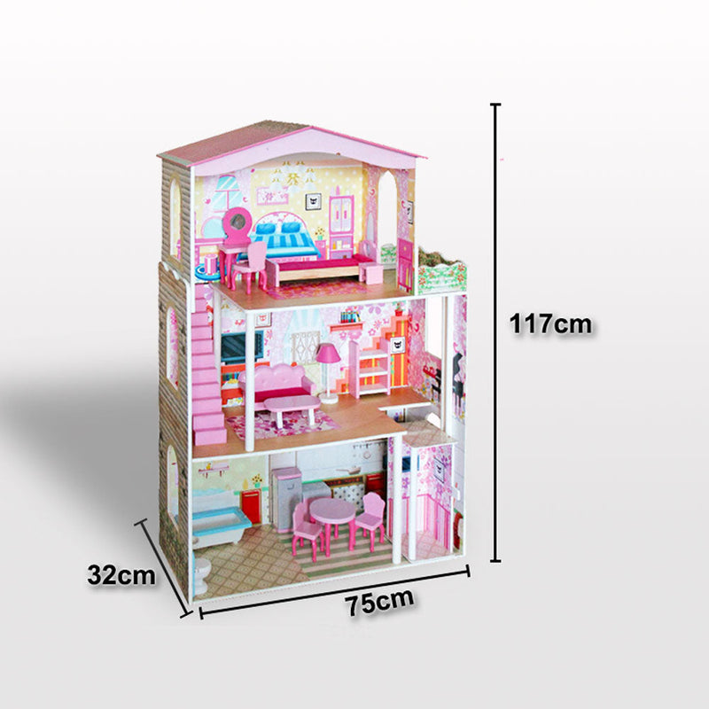Kids Large Wooden 3-Level Dolls House with Full Furniture Set