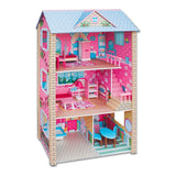 Kids Large Wooden 3-Level Dolls House with Full Furniture Set - Blue & Pink