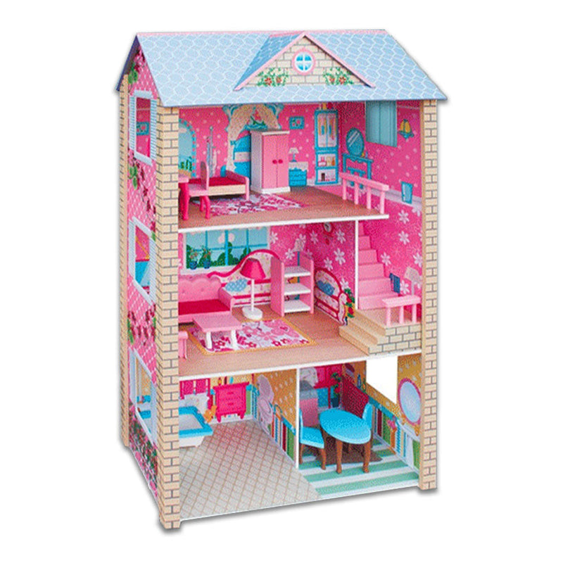 Kids Large Wooden 3-Level Dolls House with Full Furniture Set - Blue & Pink