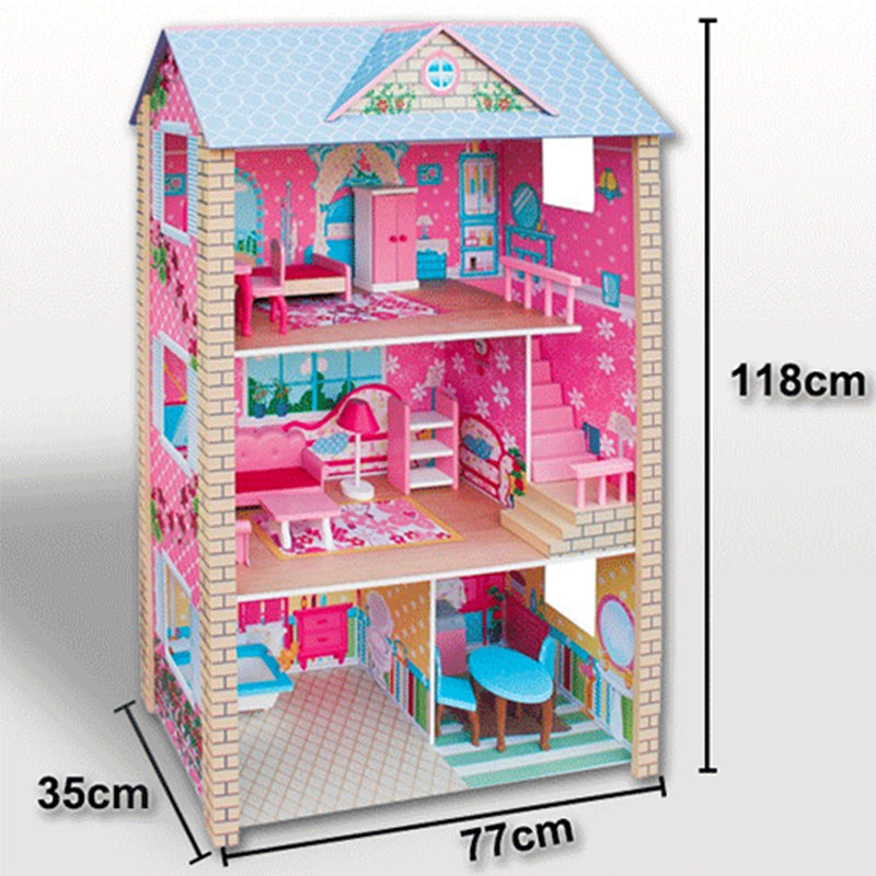 Kids Large Wooden 3-Level Dolls House with Full Furniture Set - Blue & Pink