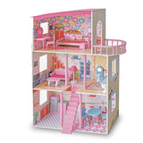 Kids Large Wooden 3-Level Vibrant Dolls House with Full Furniture Set