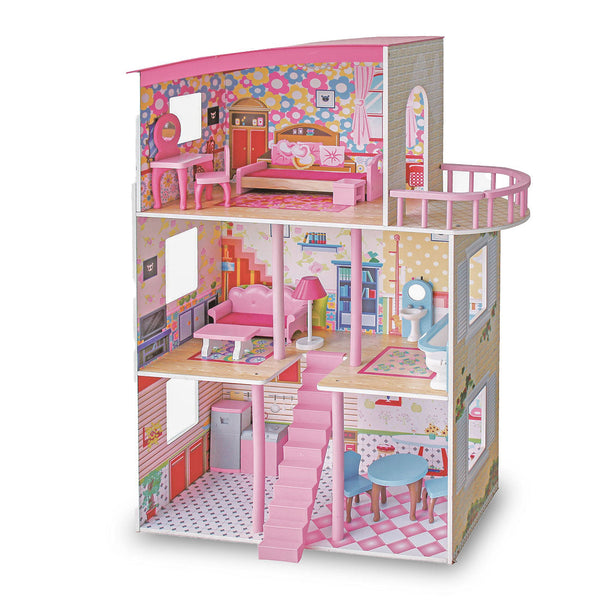 Kids Large Wooden 3-Level Vibrant Dolls House with Full Furniture Set