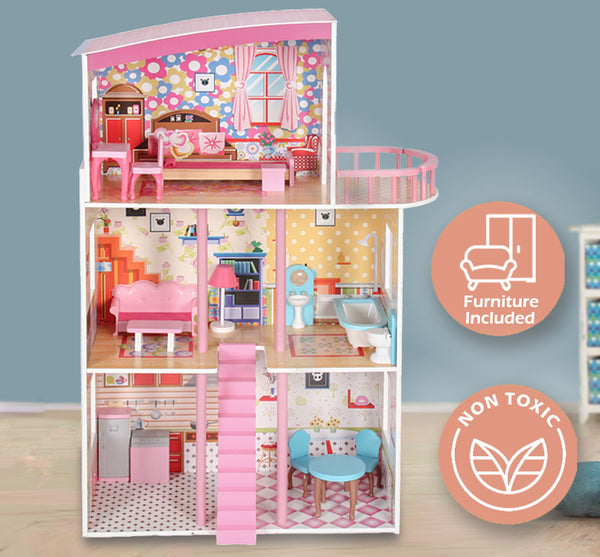 Kids Large Wooden 3-Level Vibrant Dolls House with Full Furniture Set