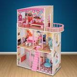 Kids Large Wooden 3-Level Vibrant Dolls House with Full Furniture Set