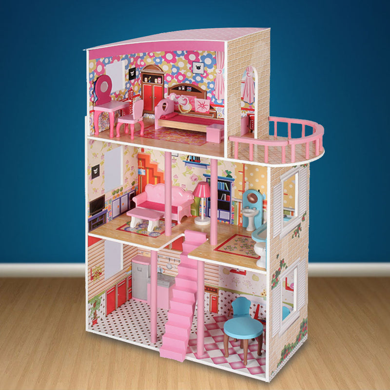 Kids Large Wooden 3-Level Vibrant Dolls House with Full Furniture Set