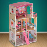 Kids Large Wooden 3-Level Vibrant Dolls House with Full Furniture Set
