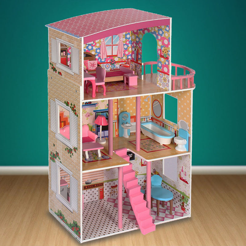 Kids Large Wooden 3-Level Vibrant Dolls House with Full Furniture Set