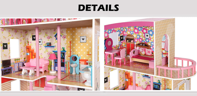 Kids Large Wooden 3-Level Vibrant Dolls House with Full Furniture Set