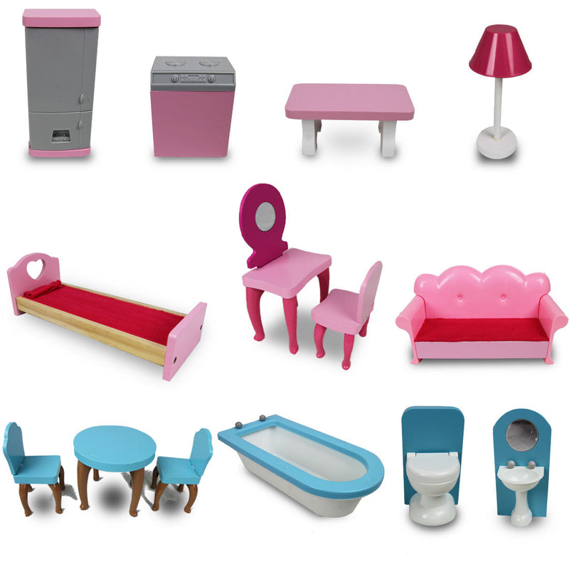 Kids Large Wooden 3-Level Vibrant Dolls House with Full Furniture Set