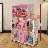 Kids Large Wooden 3-Level Vibrant Dolls House with Full Furniture Set