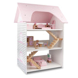 Kids Wooden 3-Level Dolls House with Full Furniture Set - Open Back Style