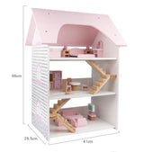 Kids Wooden 3-Level Dolls House with Full Furniture Set - Open Back Style