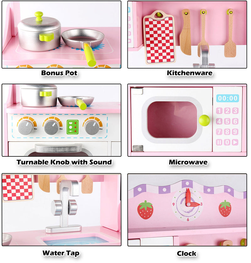 Kids Classic Wooden Kitchen Play Set with Accessories (Pink)