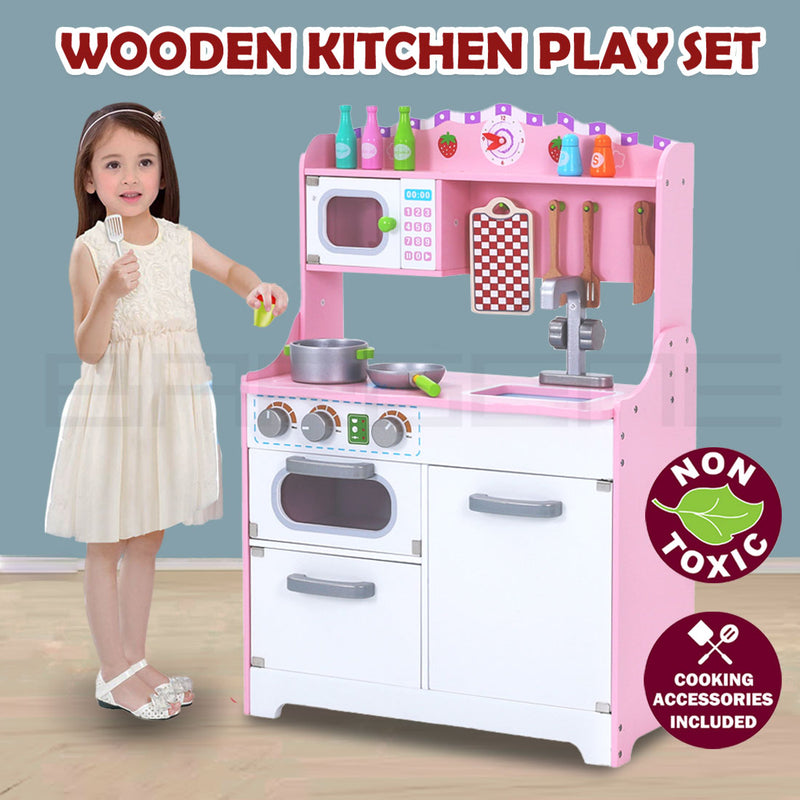 Kids Classic Wooden Kitchen Play Set with Accessories (Pink)