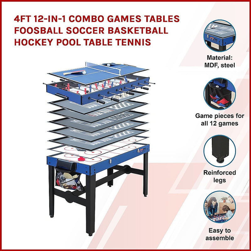 12-in-1 Combo Games Table inc. Foosball, Basketball, Hockey, Pool, Table Tennis & More (4Ft / 1.22m)