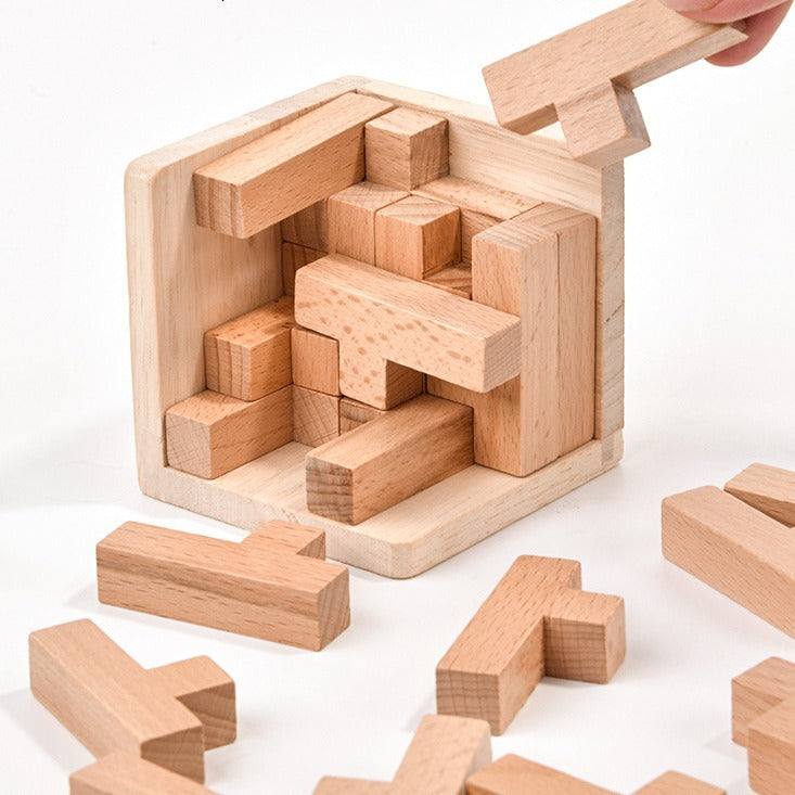 3D Cube Wooden Brain Teaser Puzzle - Natural Wood