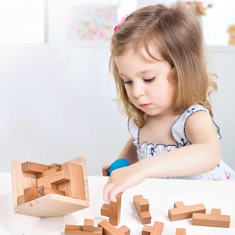 3D Cube Wooden Brain Teaser Puzzle - Natural Wood