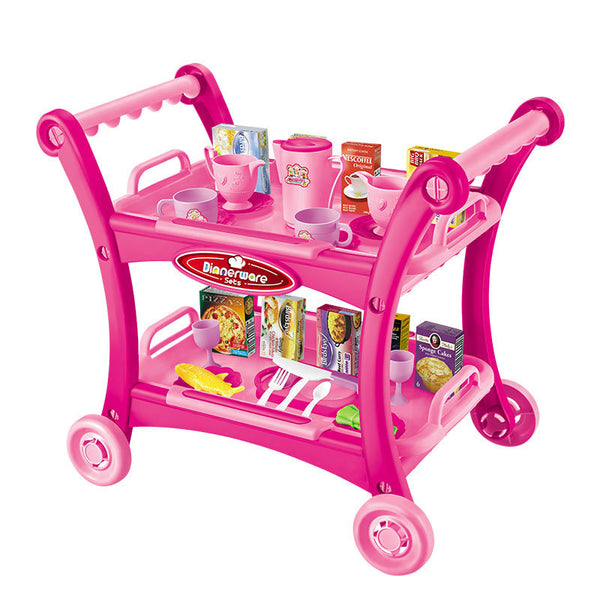 Kids Pretend Kitchen Serving Cart with Accessories and Dining Ware (Pink)