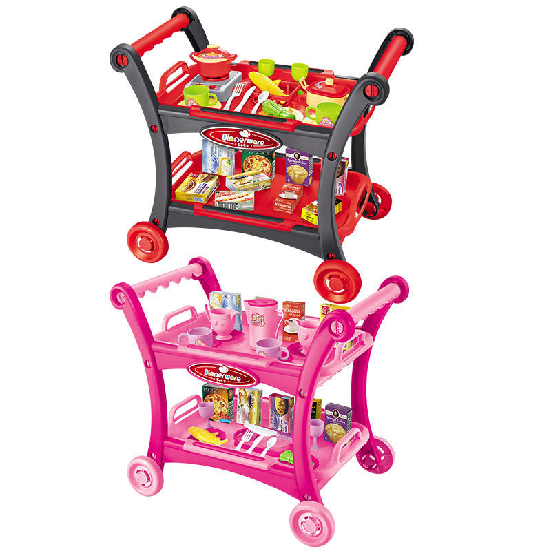 Kids Pretend Kitchen Serving Cart with Accessories and Dining Ware (Pink)