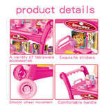 Kids Pretend Kitchen Serving Cart with Accessories and Dining Ware (Pink)